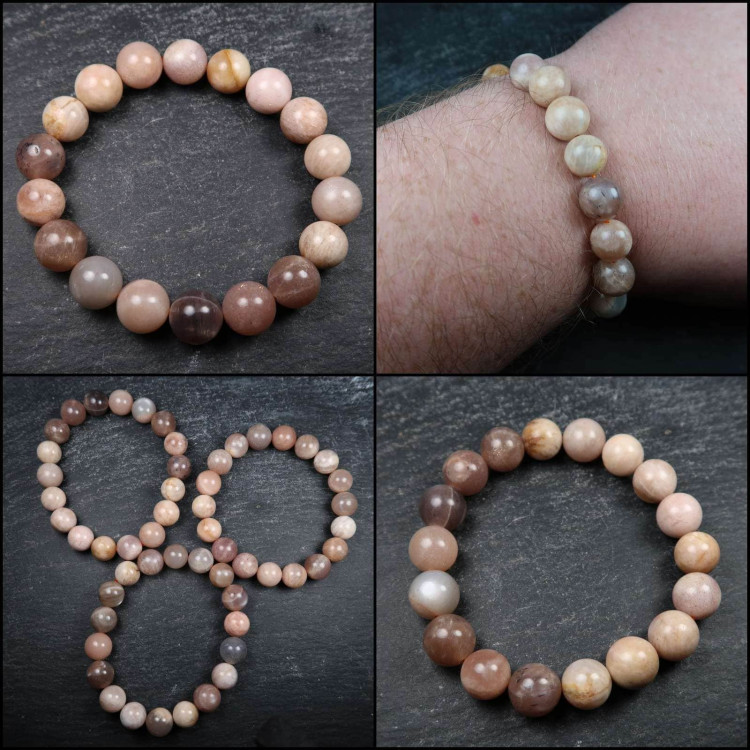 peach moonstone and feldspar round beaded bracelet